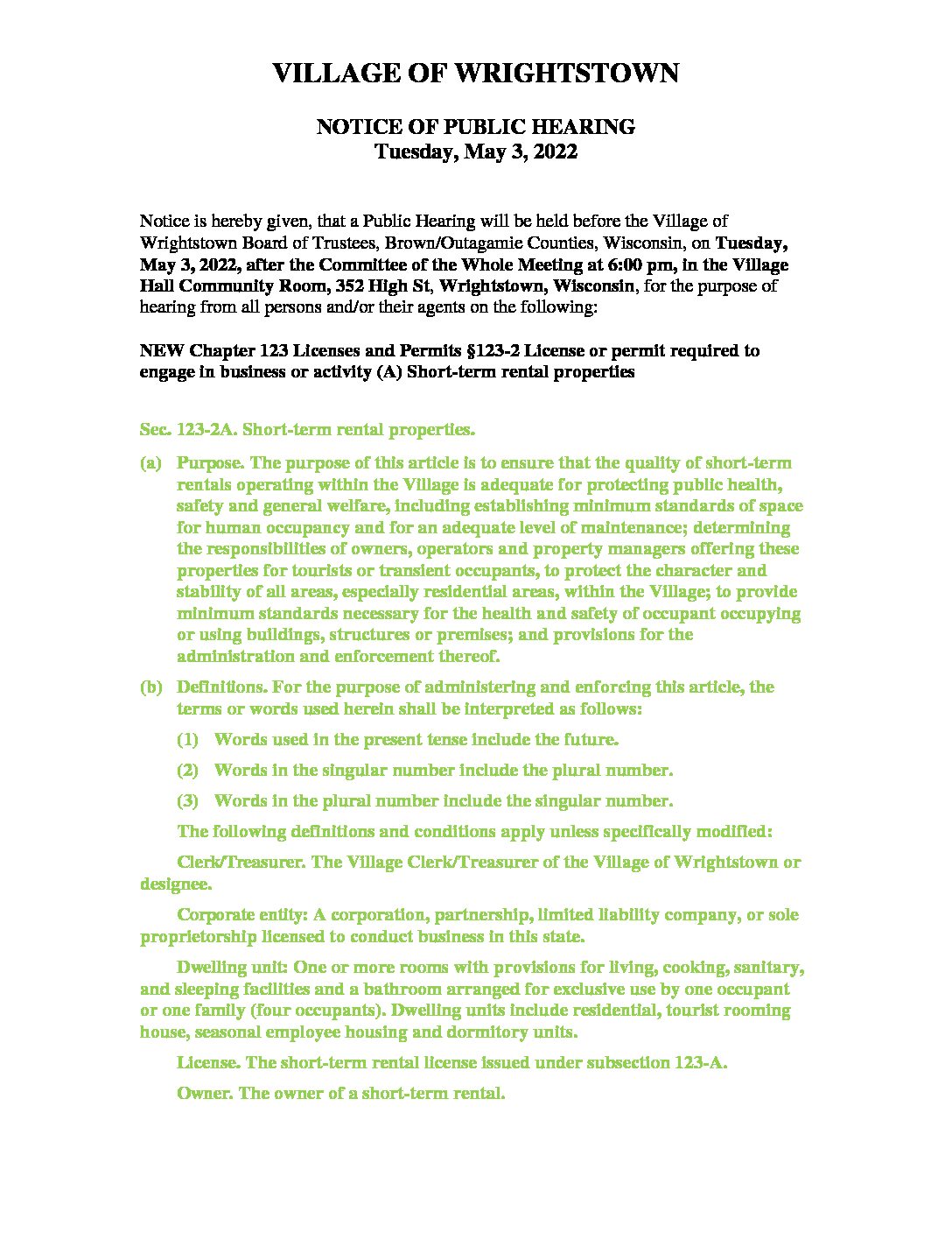 2022.05.03 Public Hearing - New Chapter 123 123-2A Short-Term