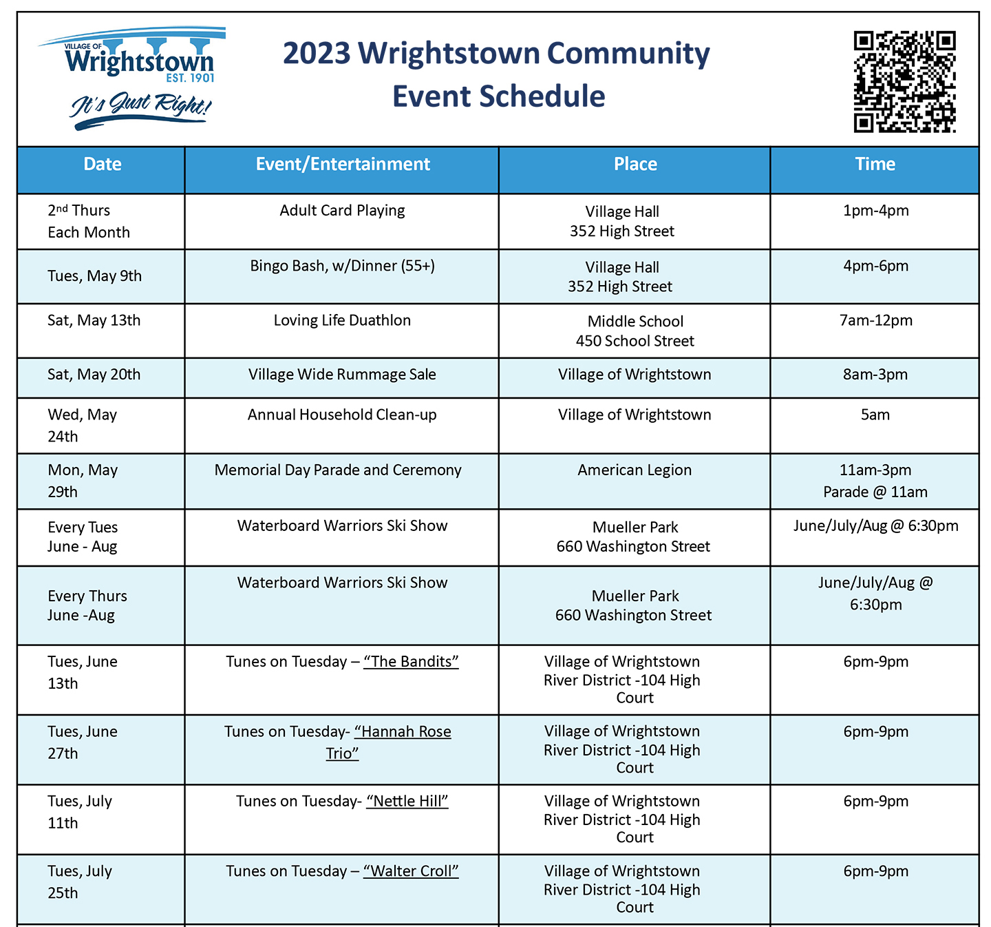 2023 wrightstown wi event schedule, things to do in the Fox Valley, tunes on tuesday, adult card playing, bingo bash, rummage sales, waterboard warriors ski show, movie in the park, memorial day parade, fall festival, tree light ceremony